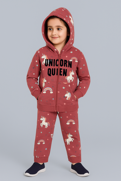 Hoodie Zip Up Sweatshirt and Printed wide leg pant set- Purple