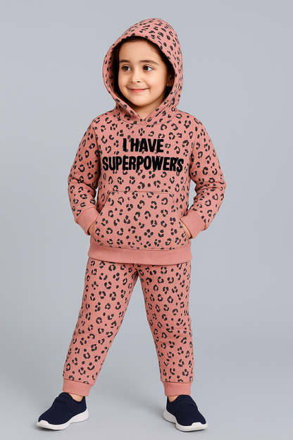 Sequins Hoodie Sweatshirt and Printed Jogger set- Pink