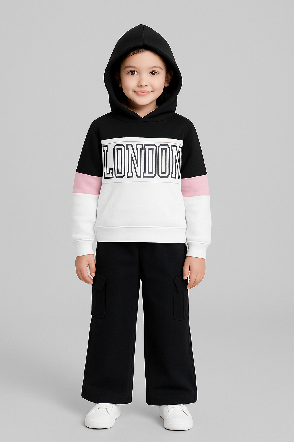 Hoodie Sweatshirt and Solid Cargo Pant set- White and Black