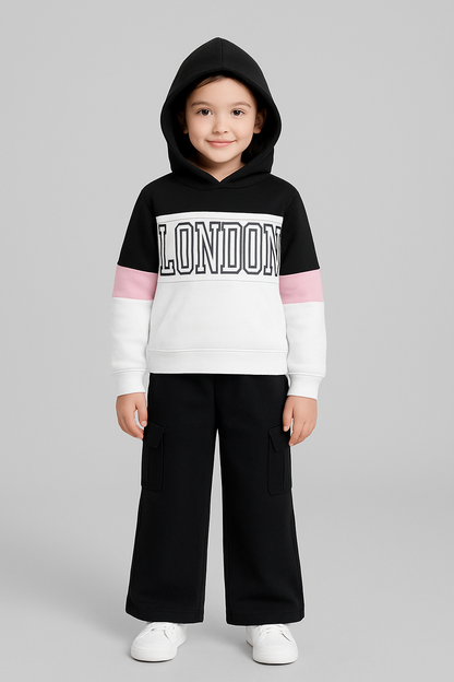 Hoodie Sweatshirt and Solid Cargo Pant set- White and Black