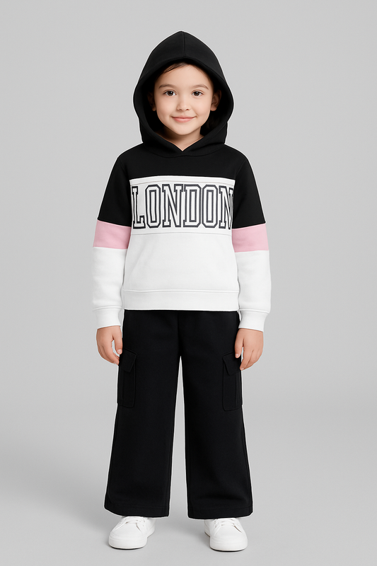 Hoodie Sweatshirt and Solid Cargo Pant set- White and Black