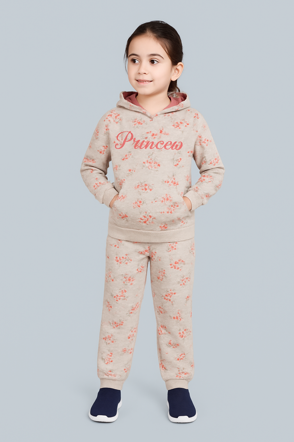Glitter Printed Hoodie Sweatshirt and Printed Jogger set- Peach