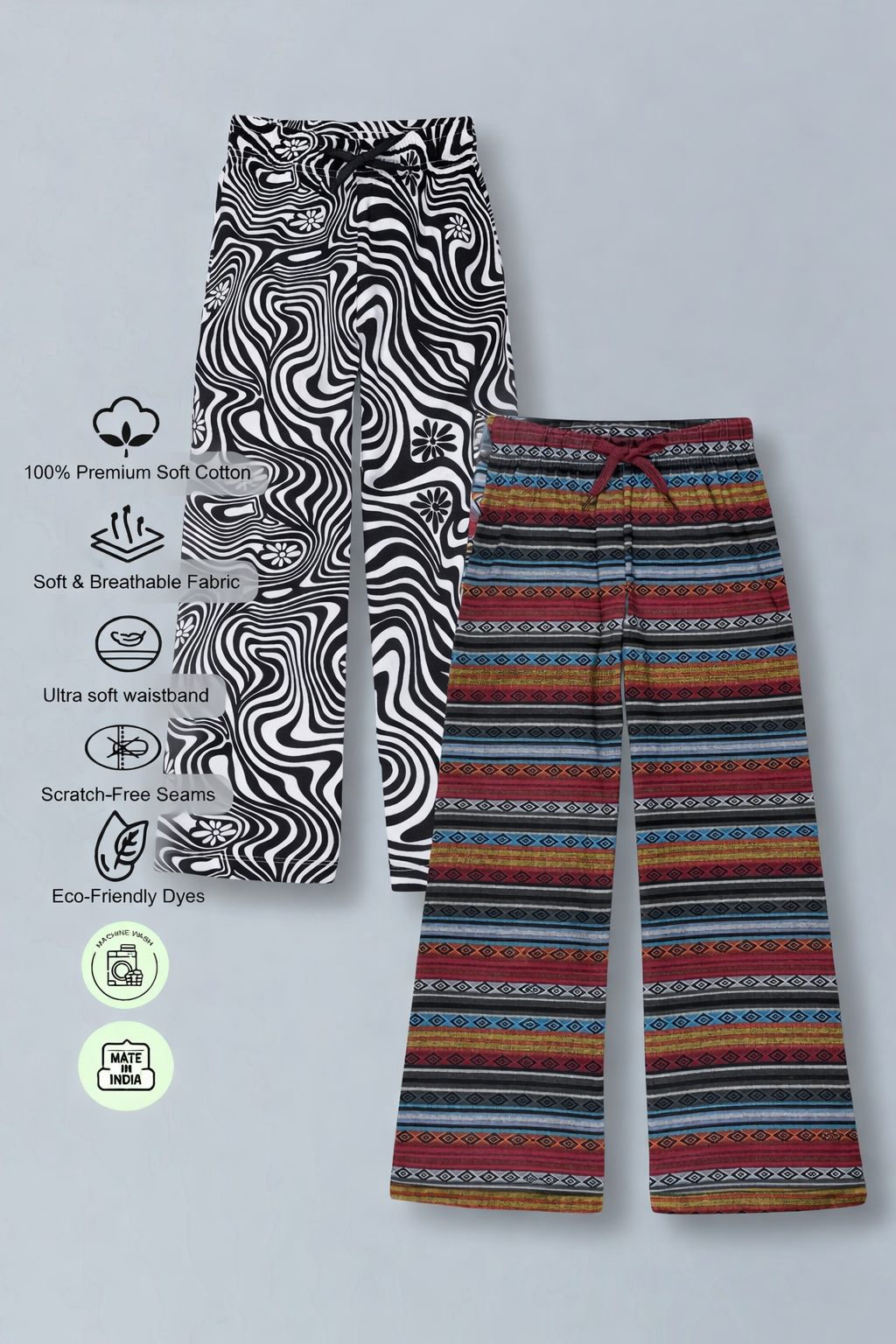 Girls Premium Cotton Printed Wide Leg Pant pack of 2
