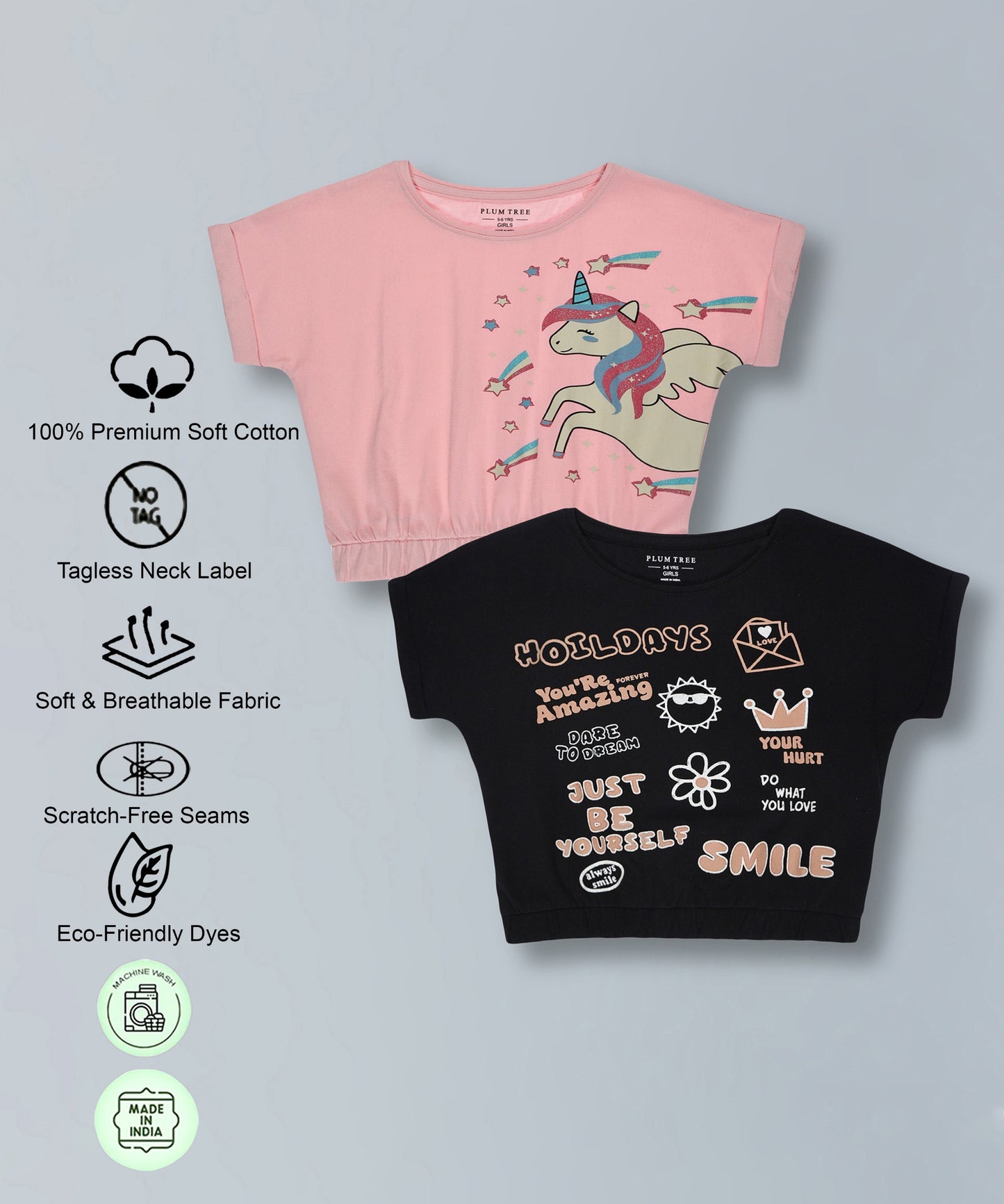 Girls Stretchable Elastic waist Crop T-Shirt Pack of 2