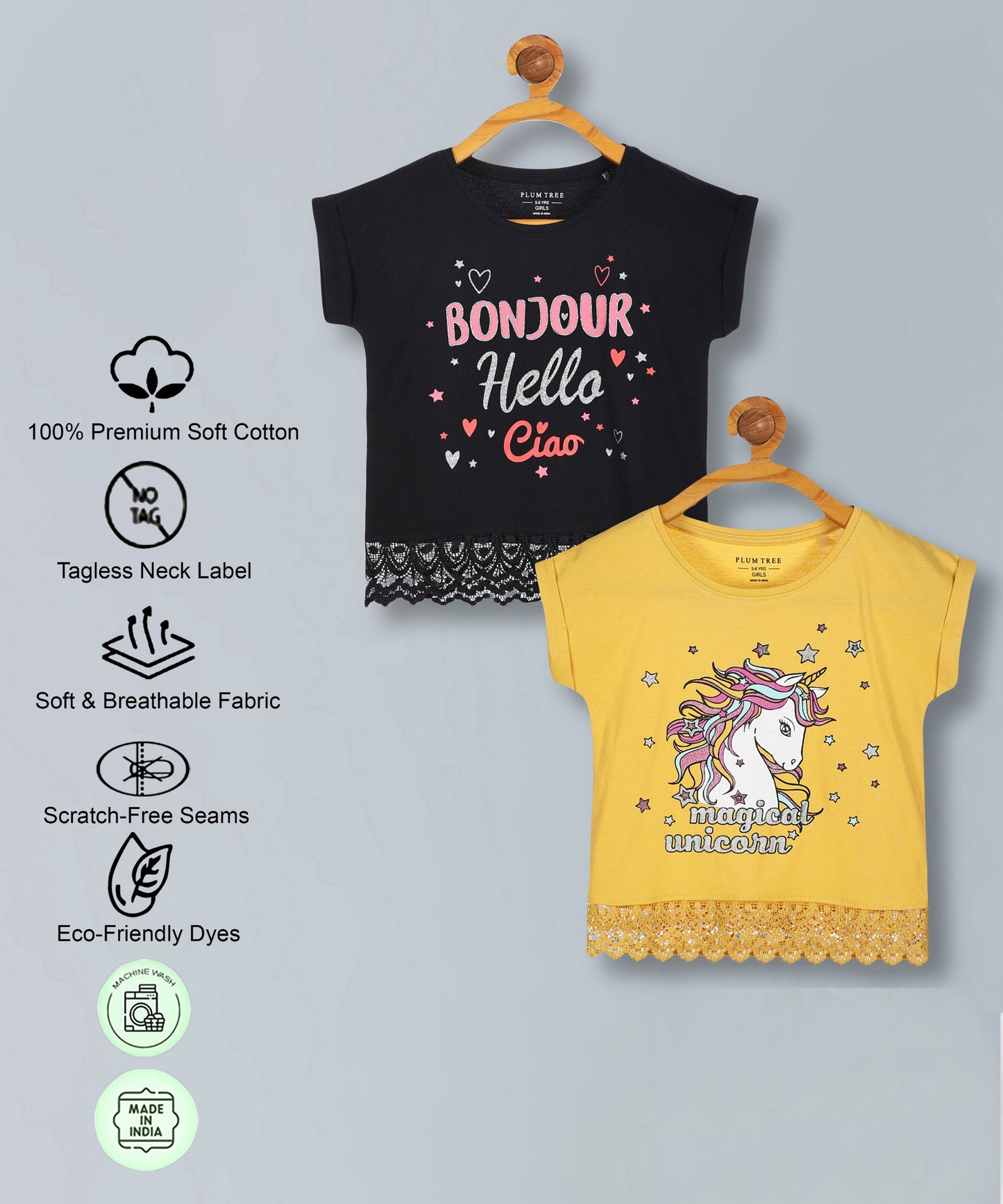 Girls Premium Cotton Crop Top With Lace Border Pack of 2