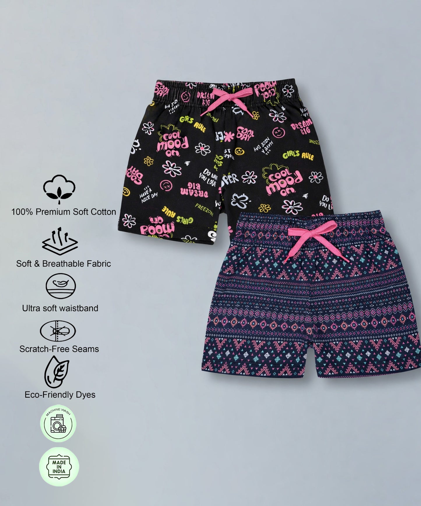 Girls Premium Cotton Printed Knit Shorts Pack Of 2