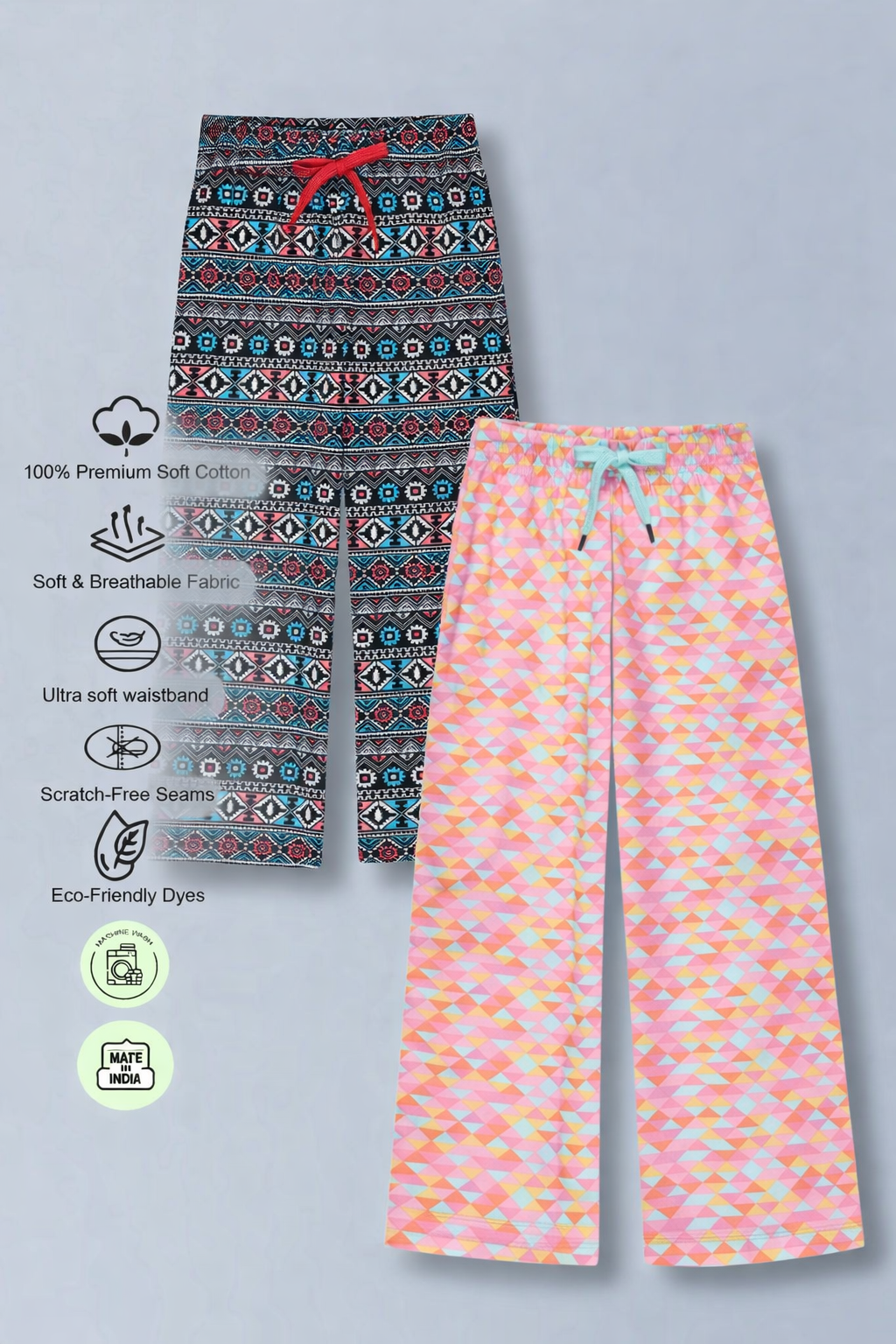 Girls Premium Cotton Printed Wide Leg Pant pack of 2