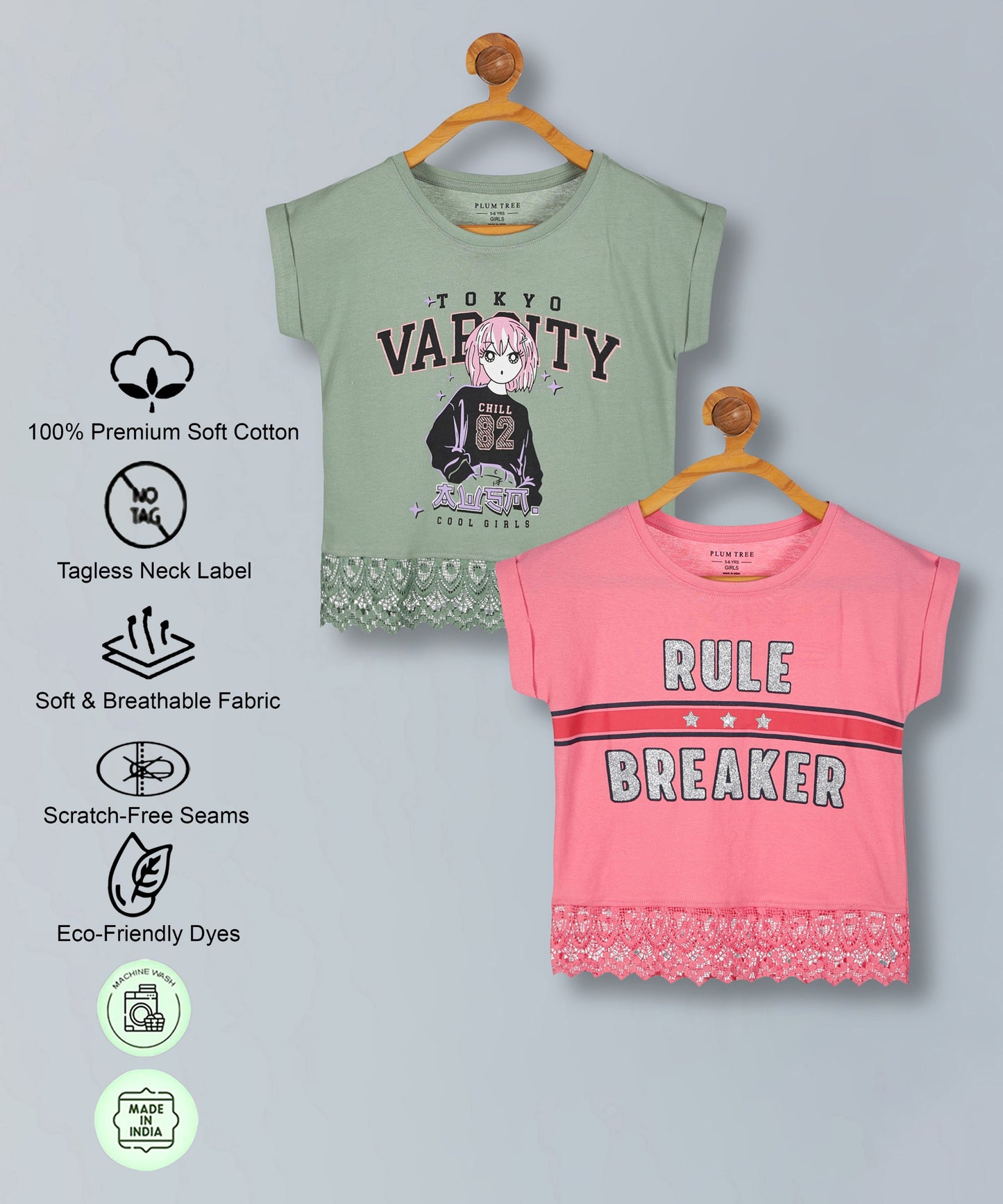 Girls Premium Cotton Crop Top With Lace Border Pack of 2
