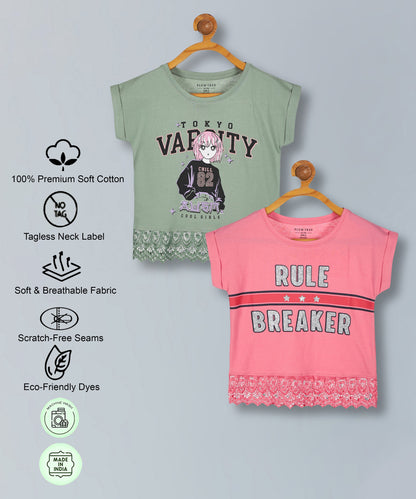 Girls Premium Cotton Crop Top With Lace Border Pack of 2