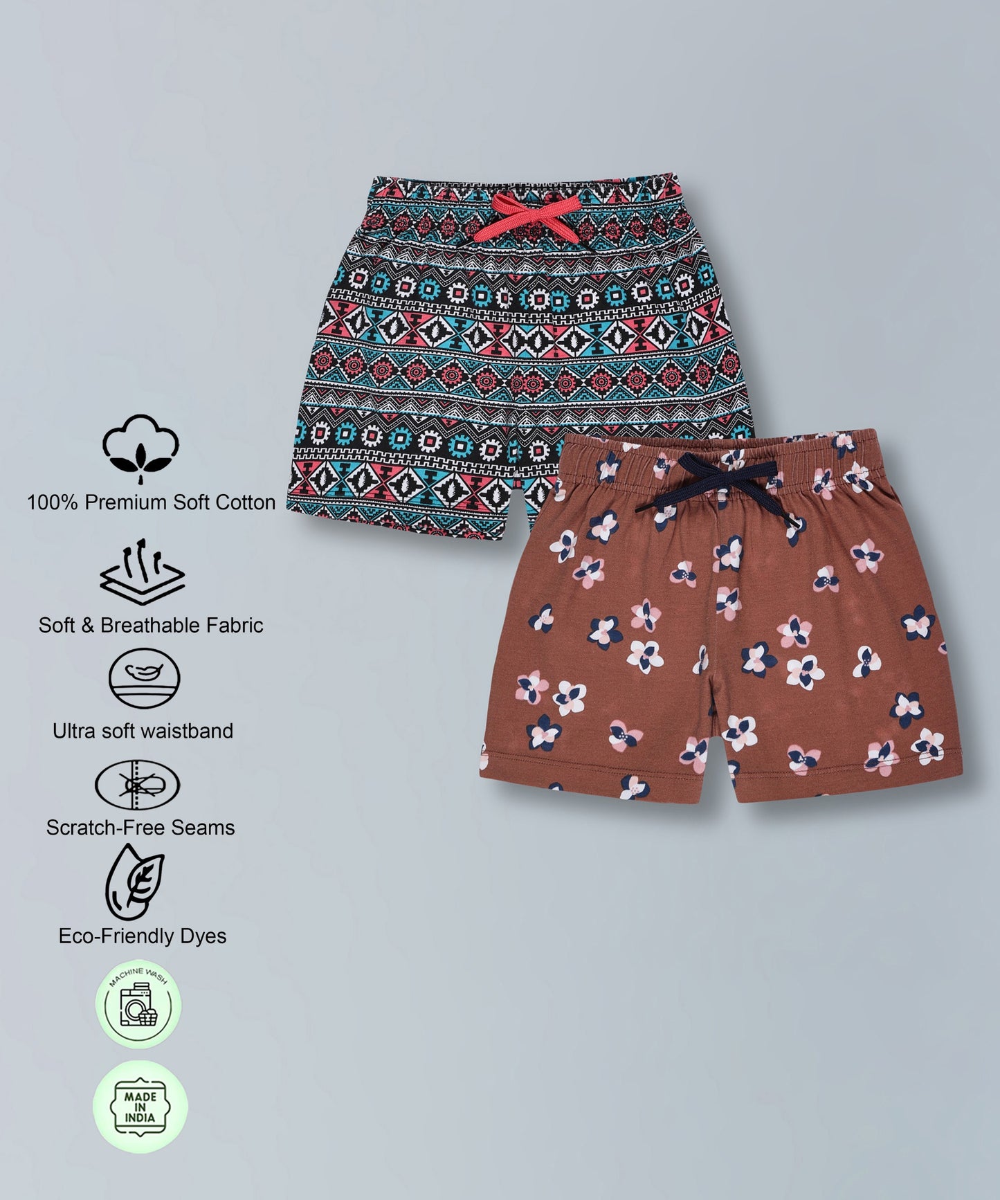 Girls Premium Cotton Printed Knit Shorts Pack Of 2