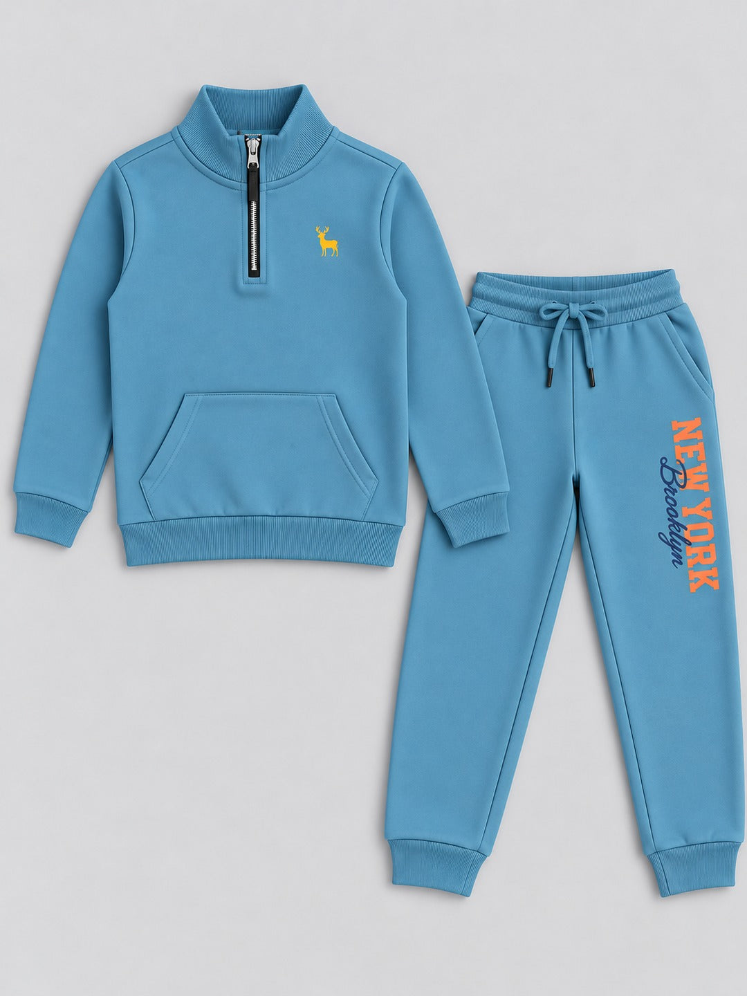 Boys Premium Soft Cotton Printed Half Zipper Hi-Neck Sweatshirt and Jogger Set