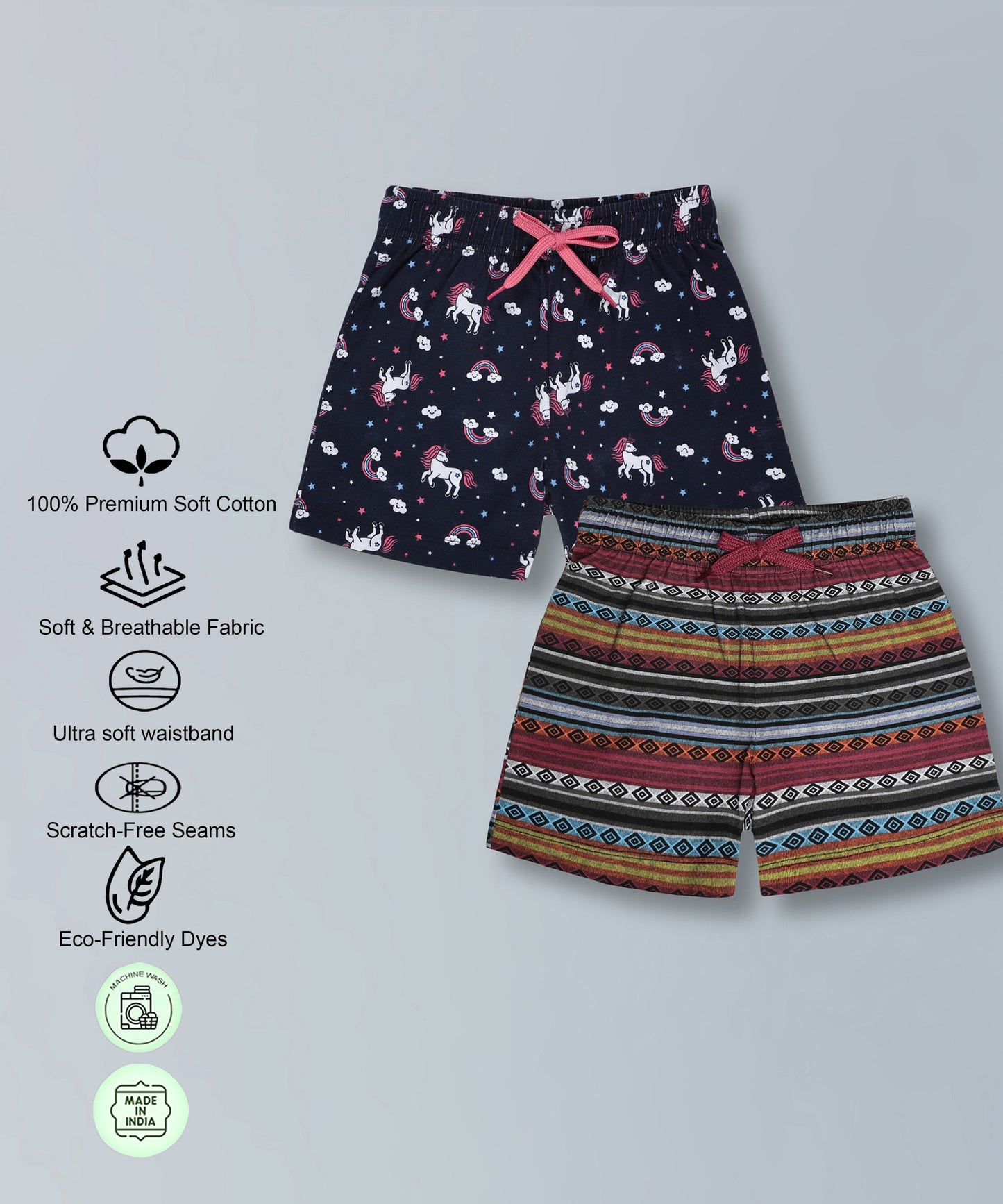 Girls Premium Cotton Printed Knit Shorts Pack Of 2