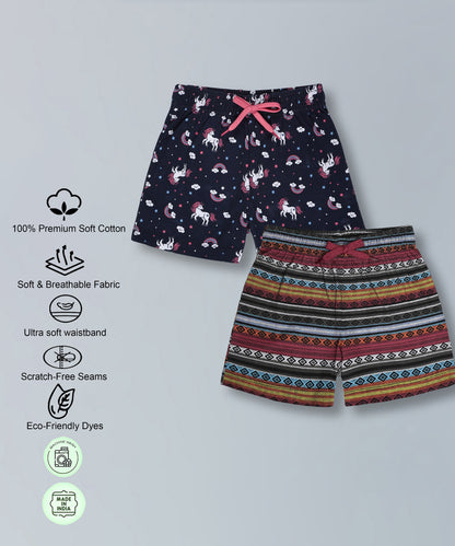 Girls Premium Cotton Printed Knit Shorts Pack Of 2