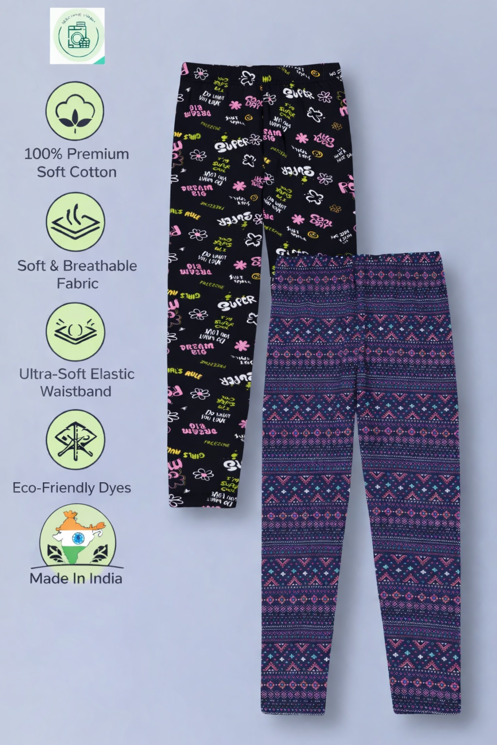 Girls Cotton Lycra Stretch Printed Legging Pack of 2