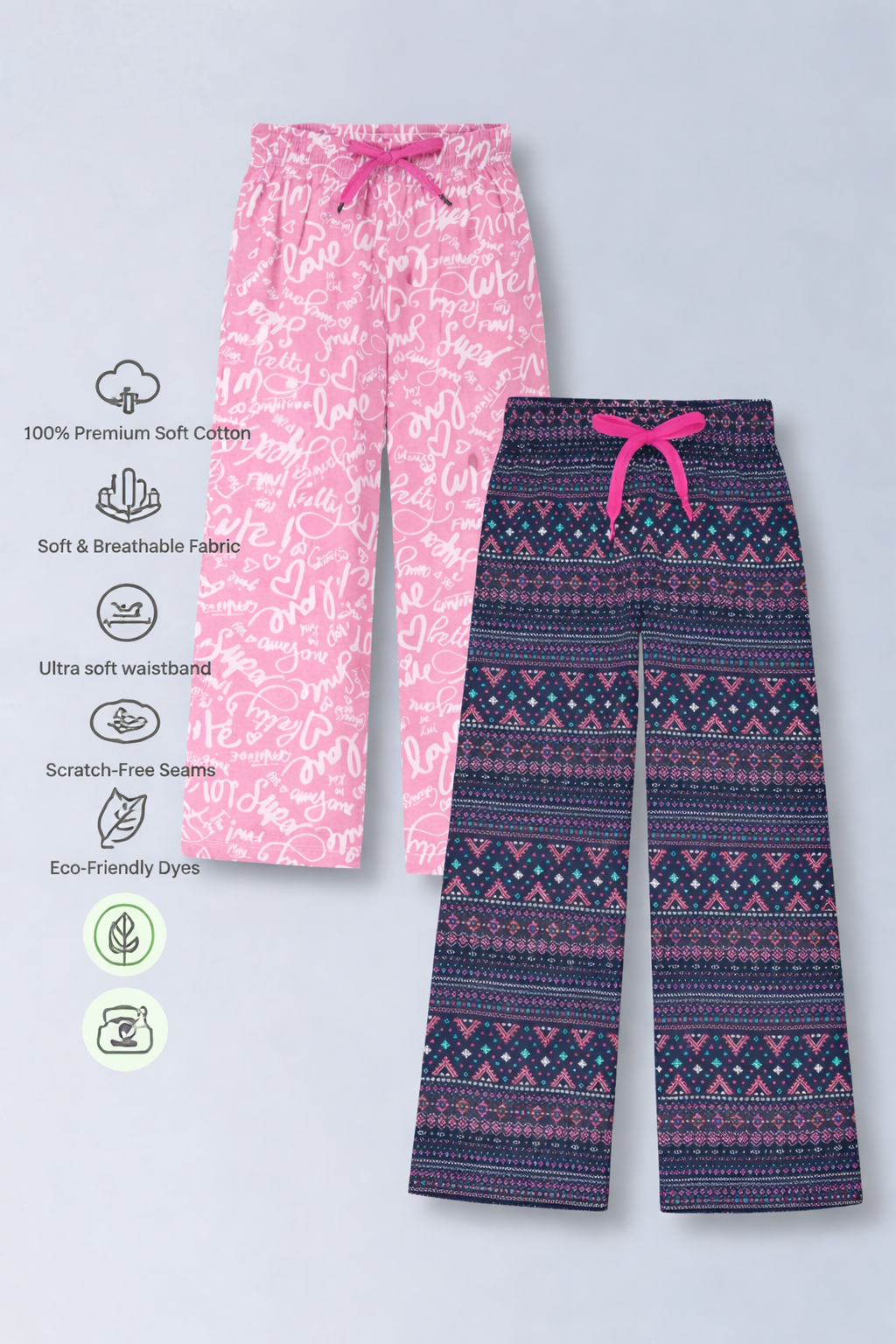 Girls Premium Cotton Printed Wide Leg Pant pack of 2