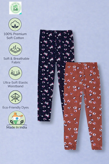 Girls Cotton Lycra Stretch Printed Legging Pack of 2