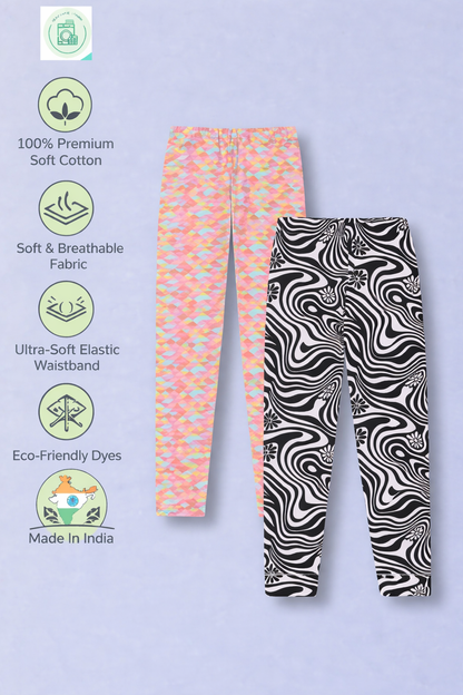 Girls Cotton Lycra Stretch Printed Legging Pack of 2