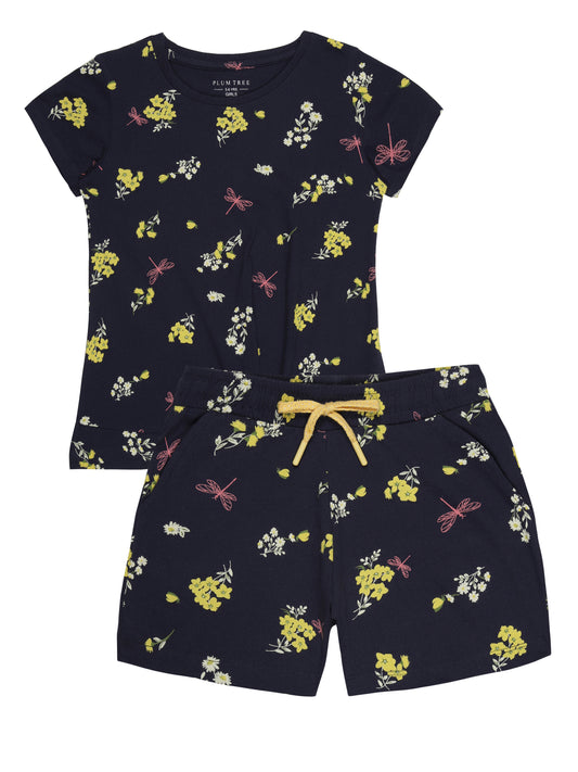 Girls 2 piece pure cotton All Over Printed Co-ordinating Top and Short Set-TRUE NAVY AOP