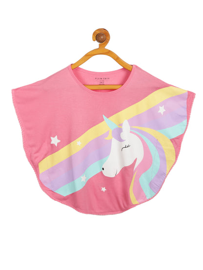 Girls 2 piece Soft Rayon Poncho T-shirt  & pure cotton knit cargo short Set -PINK NAVY