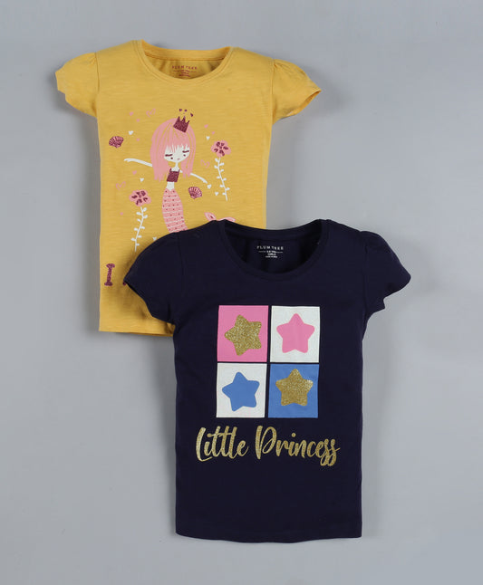 Plum Tree Girls Little Princess Print  T-shirt( Pack of 2)-NAVY & YELLOW