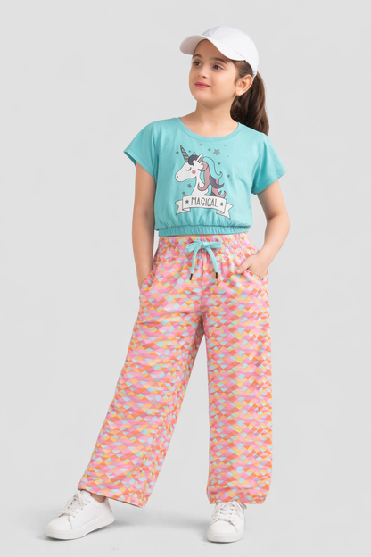 Girls Premium Cotton Crop Top with Elasticated waist  and Wide Leg Pant Set
