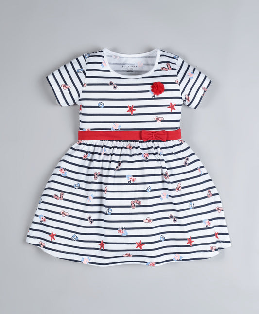 Plum Tree Girls striper printed Dress-WHITE