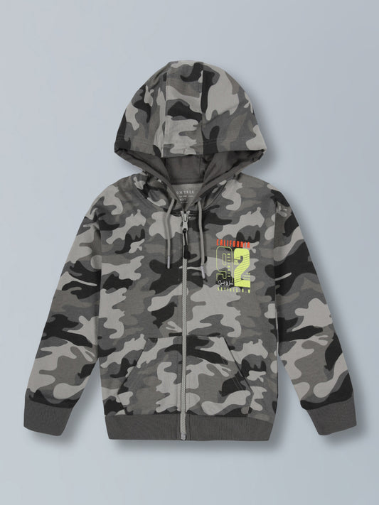 California Print Hooded front open Zipper Cotton Rich sweatshirt- Grey Melange