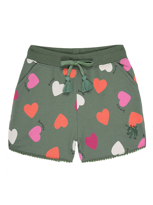 Girls Heart Printed Sweatshorts-GREEN