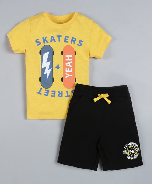Plum Tree Boys Half Sleeve Skater Print T-shirt and Short( Pack of 2)-YELLOW BLACK