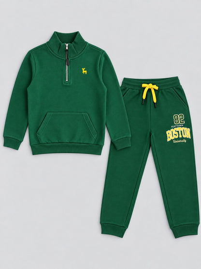 Boys Premium Soft Cotton Printed Half Zipper Hi-Neck Sweatshirt and Jogger Set