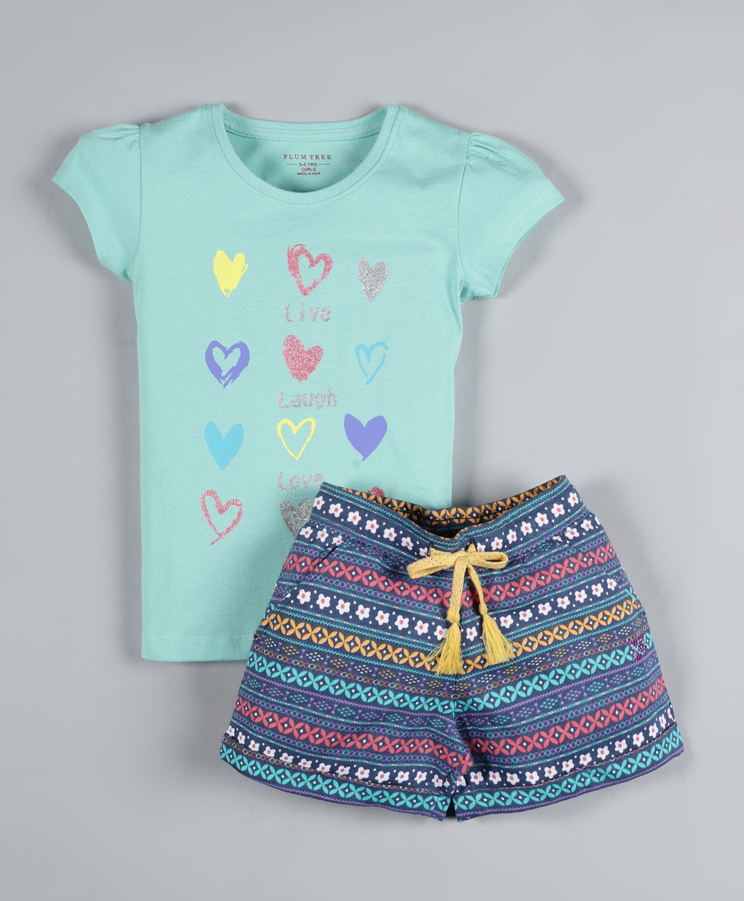 Plum Tree Girls Half Sleeve Heart Print T-shirt and Short( Pack of 2)-GREEN & NAVY