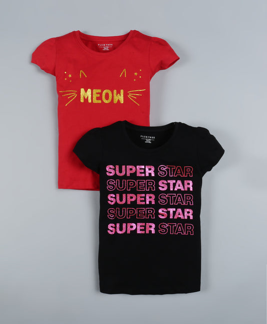 Plum Tree Girls Super Star Print  T-shirt( Pack of 2)-BLACK & RED