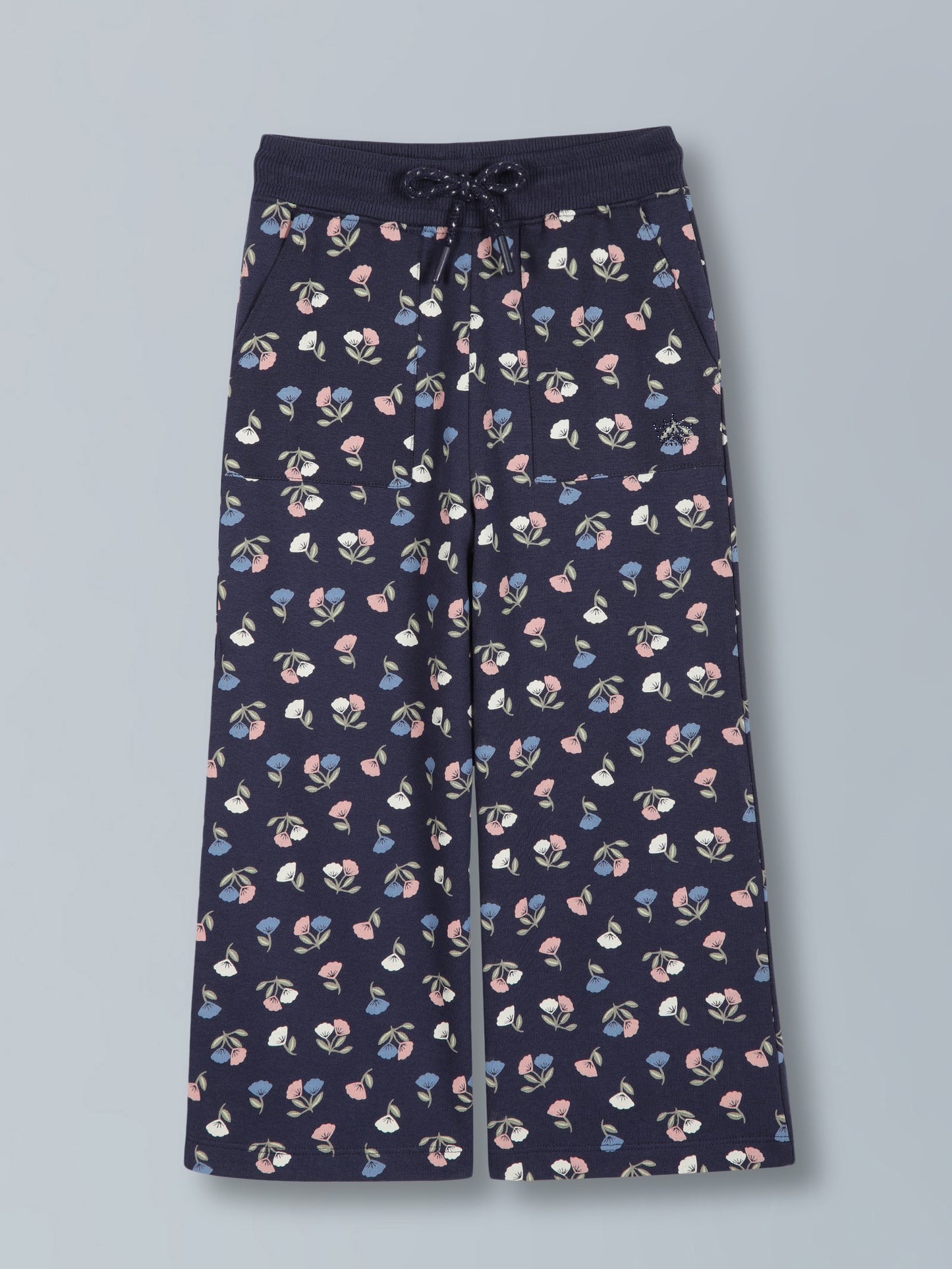 Girls Flower AOP & Crown Stone wide leg relaxed Fit Cotton Trouser - Mid Navy