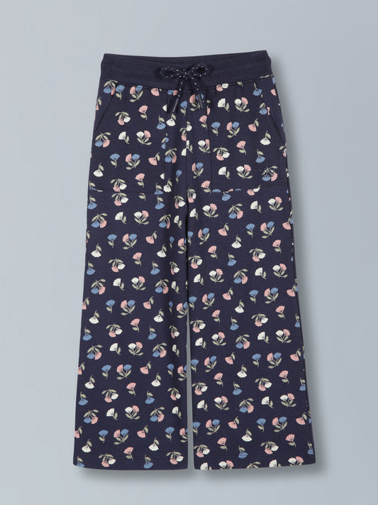 Girls Flower AOP & Crown Stone wide leg relaxed Fit Cotton Trouser - Mid Navy