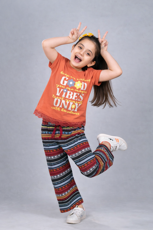 Girls Premium Cotton Crop Top with lace and Wide Leg Pant Set