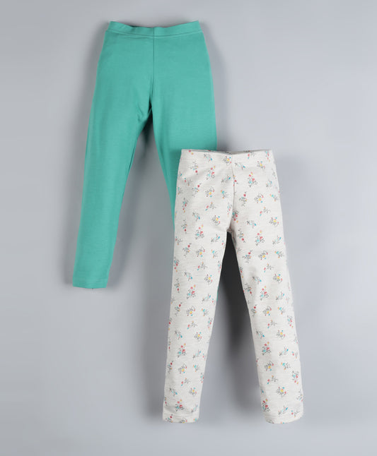 Plum Tree Girls floral printed and solid Leggings( Pack of 2) -CREAM & GREEN