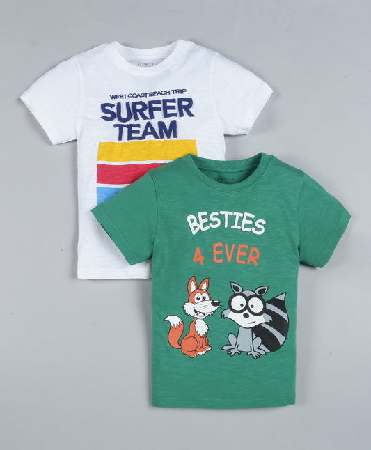 Plum Tree Boys Half Sleeve Besties Print T-shirt( Pack of 2)-GREEN OFF WHITE