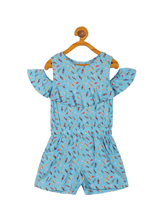 Plum Tree Girls Leaf  Printed Cold Shoulder Jumpsuit -AQUA