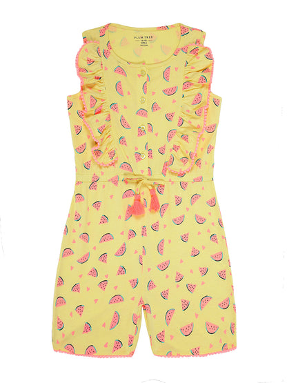 Girls Pure Cotton Printed Playsuit-YELLOW