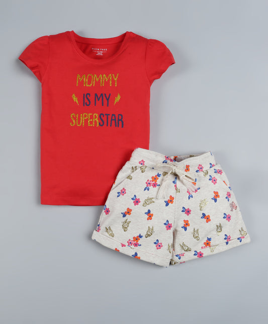 Plum Tree Girls Half Sleeve Mommy Superstar Print T-shirt and Short( Pack of 2)-RED & CREAM