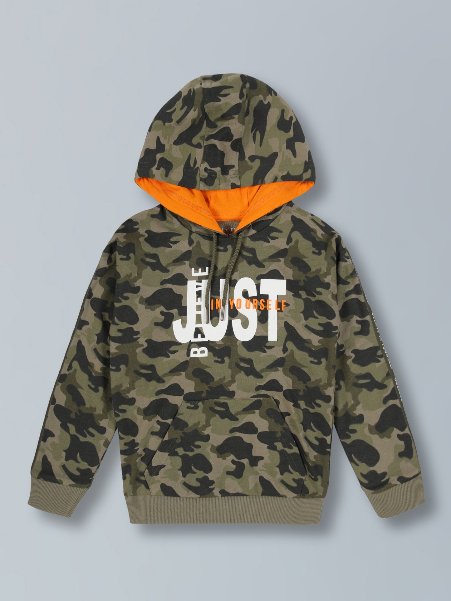 Just Believe In Yourself Print  Hooded Cotton sweatshirt- Olive Camo