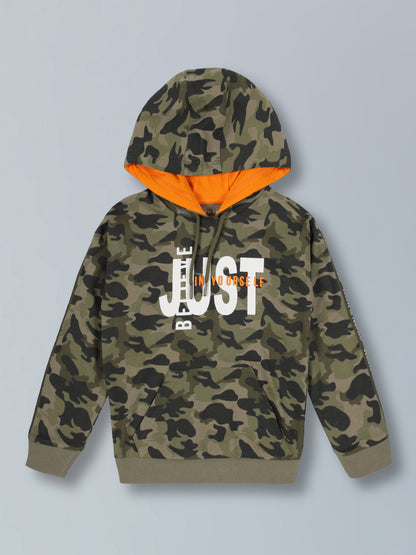 Just Believe In Yourself Print  Hooded Cotton sweatshirt- Olive Camo