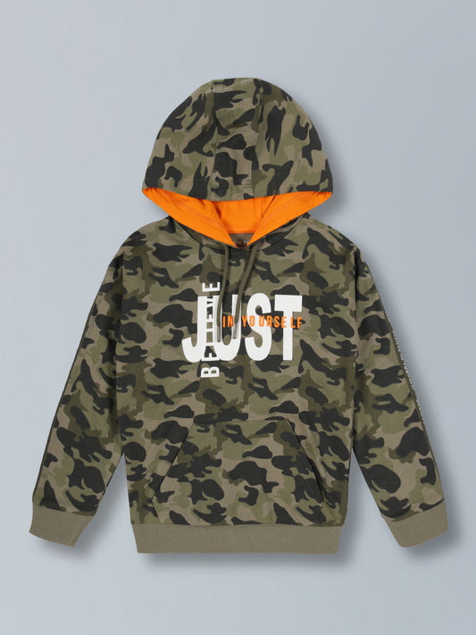 Just Believe In Yourself Print  Hooded Cotton sweatshirt- Olive Camo