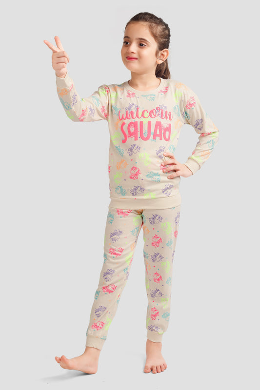 Plum Tree Girls 100% Cotton Unicorn All Over Printed Full Sleeve T-Shirt & Jogger (Set)