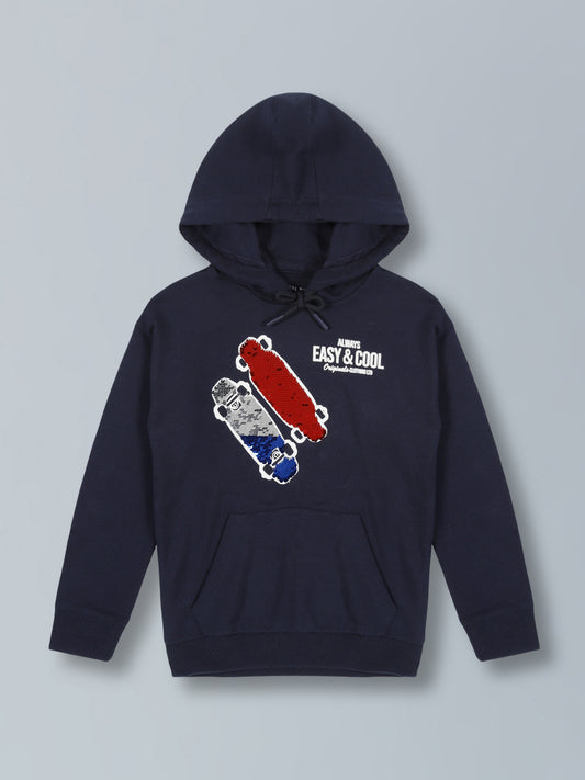 Always Easy & Cool Print  Hooded Cotton Sweatshirt- Navy