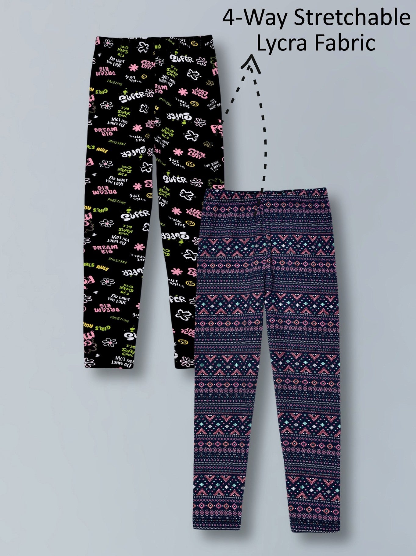 Girls Cotton Lycra Stretch Printed Legging Pack of 2