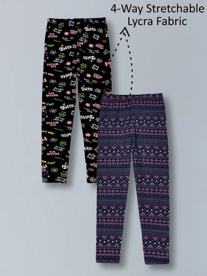 Girls Cotton Lycra Stretch Printed Legging Pack of 2