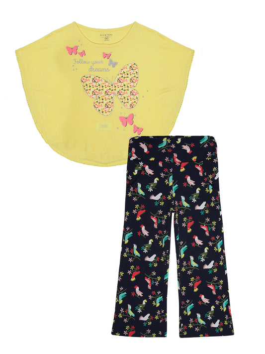 Girls 2 piece Poncho T shirt and Flared Trouser set-YELLOW BLUE