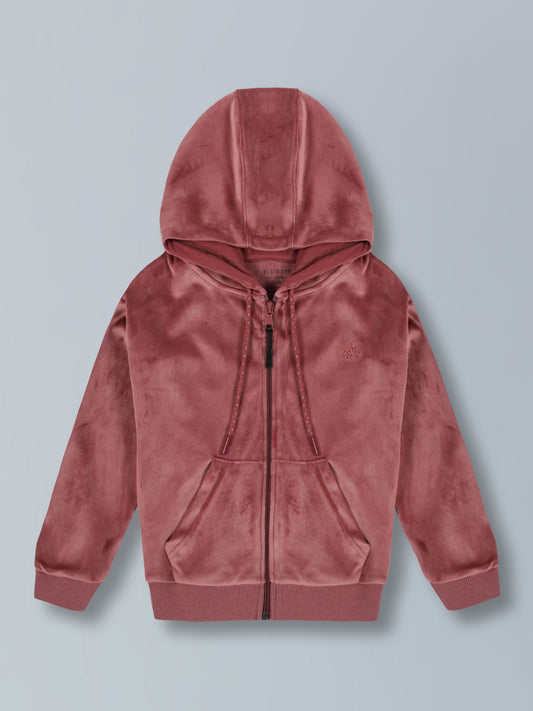 Girls Crown Stone Velour Zip Through Hoodie- Winter Pink