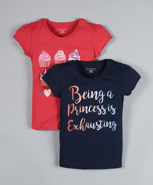 Plum Tree Girls Cupcake Print T-shirt ( Pack of 2)-NAVY RED
